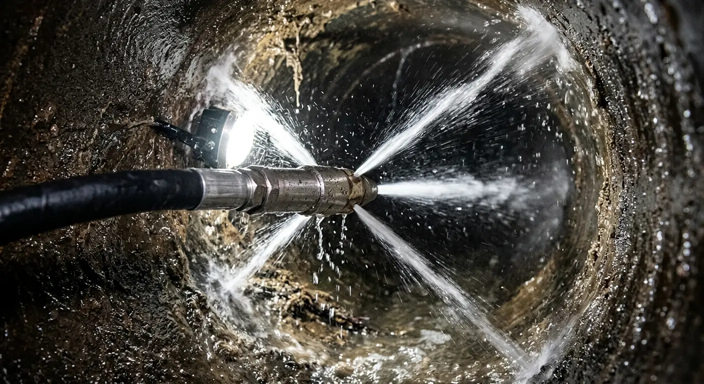 High-pressure hydro jetting nozzle cleaning sewer pipe for Sewer Cleanout in Birmingham