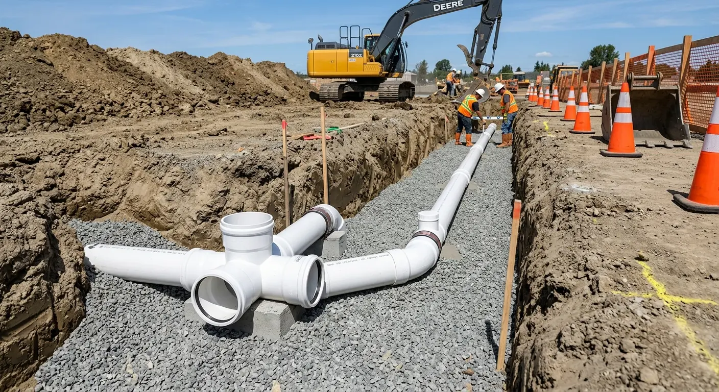 New PVC sewer pipe installation in open trench for Sewer Backup in Birmingham