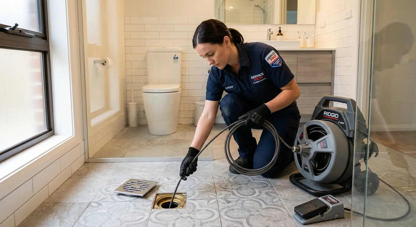 Technician clearing a bathroom floor drain for Drain Cleaning in Birmingham